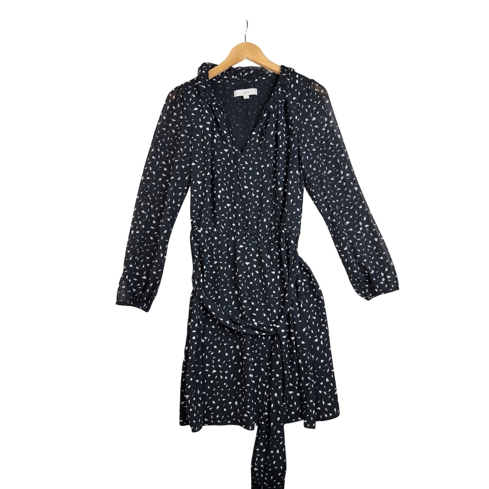 Loft Leaf Print Long Sleeve Tie Waist Midi Dress size 6 Black/White